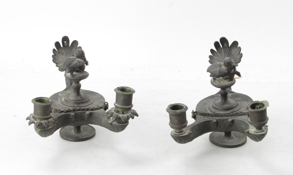 Pair of Grand Tour Bronze Candlesticks: Pair of Grand Tour bronze candlesticks, 6" H x 9 1/2". Provenance: Estate of August van der Becq, Westport, Connecticut.