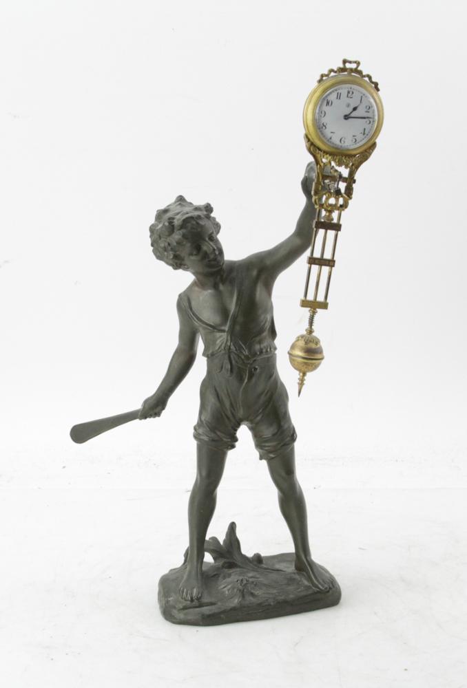 Figural White Metal and Bronze Swinger Clock: Figural white metal and bronze swinger clock, 18" H x 8" W x 9" D. Provenance: Estate of August van der Becq, Westport, Connecticut.