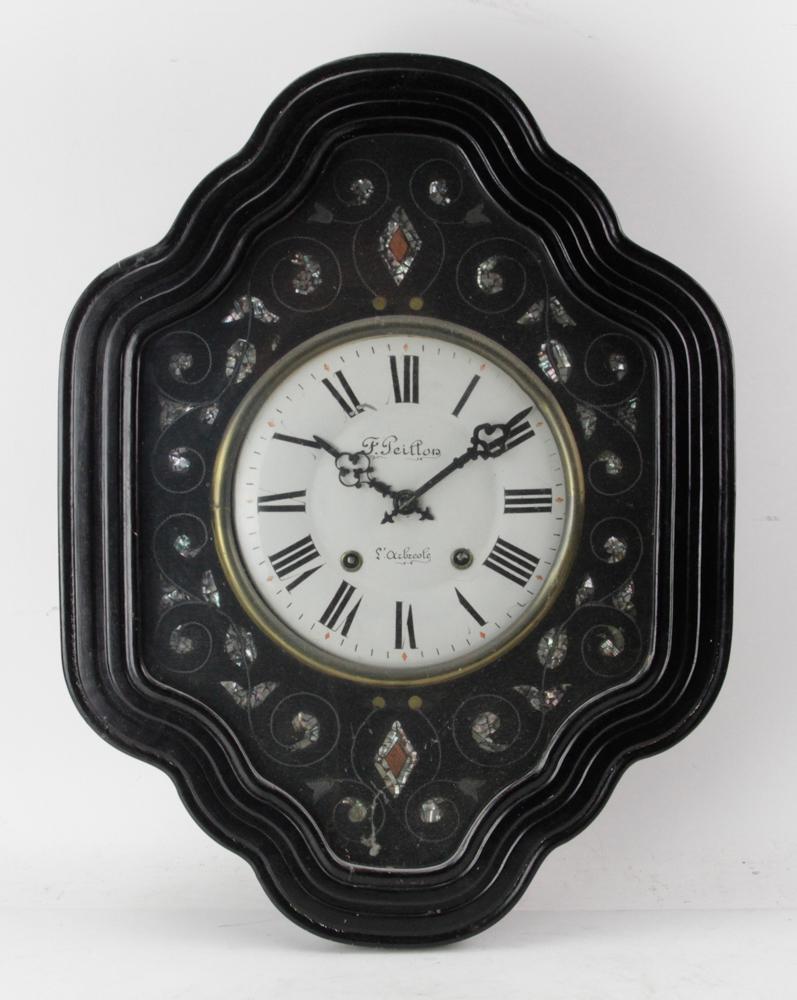 F. Peittor Ebonized Clock with Mother-of-Pearl: Ebonized wall clock with mother-of-pearl inlay, F. Peittor 24" H x 18" W. Provenance: Estate of August van der Becq, Westport, Connecticut.