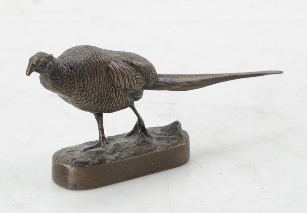 A. Jacquemart Bronze Sculpture of Pheasant: Alfred Jacquemart, bronze sculpture of pheasant, signed, 3 1/2" H x 8". Provenance: Estate of August van der Becq, Westport, Connecticut.