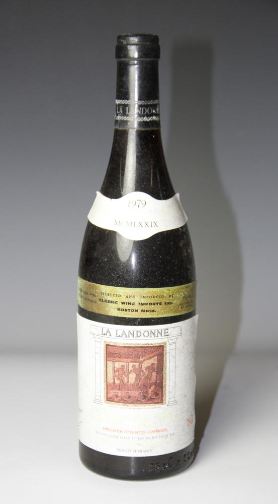 1979 Cote-Rotie La Landonne E. Guigal: 1979 Cote-Rotie La Landonne E. Guigal, 750ml. Stored in climate-controlled wine cellar. Provenance: Pier 4 Anthony Athanas collection of vintage wines.
