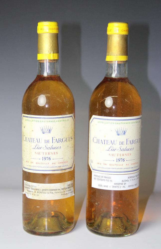 1976 Chateau de Fargues Lur-Saluces Sauternes: 1976 Chateau de Fargues Lur-Saluces Sauternes, 750ml, two (2) bottles total. Stored in climate-controlled wine cellar. Provenance: Pier 4 Anthony Athanas collection of vintage wines.