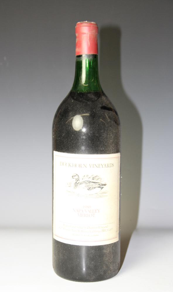 1980 Duckhorn Vineyards Merlot Napa Valley Magnum: 1980 Duckhorn Vineyards Merlot Napa Valley, magnum. Stored in climate-controlled wine cellar. Provenance: Pier 4 Anthony Athanas collection of vintage wines.