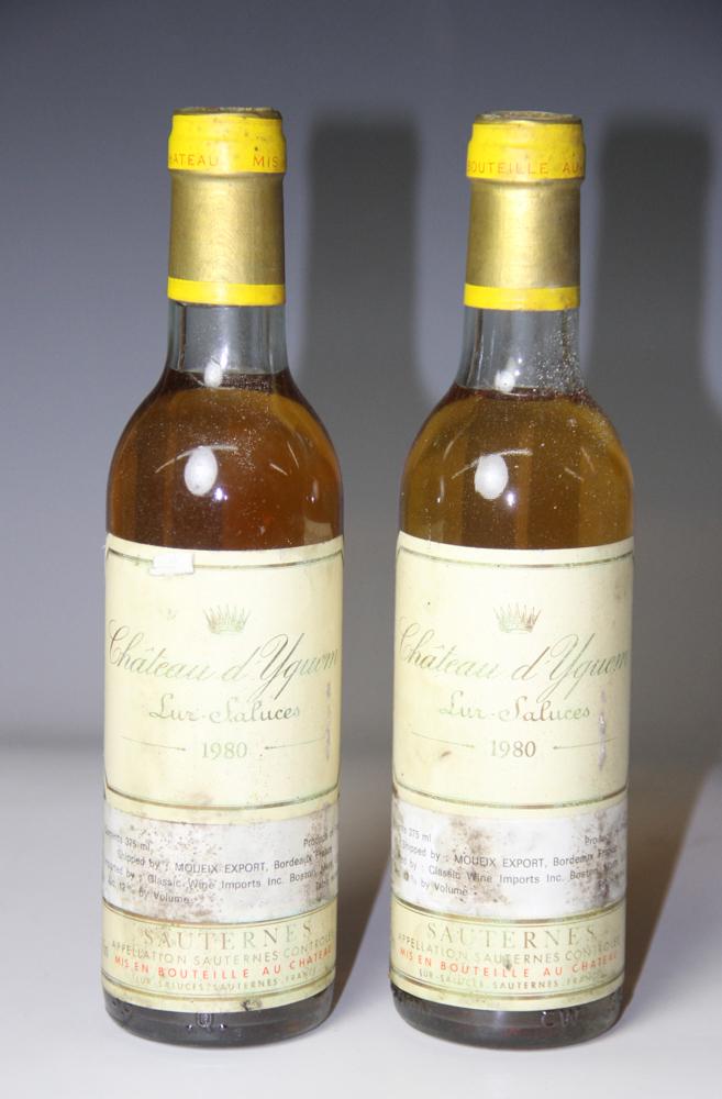 1980 Chateau d'Yquem Lur-Saluces Sauternes: 1980 Chateau d'Yquem Lur-Saluces Sauternes, 375ml, two (2) bottles total. Stored in climate-controlled wine cellar. Provenance: Pier 4 Anthony Athanas collection of vintage wines.