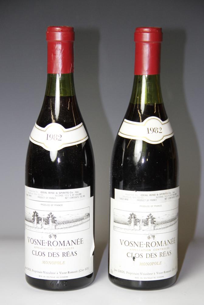 1982 Vosne-Romanee Clos Des Reas Monopole: 1982 Vosne-Romanee Clos Des Reas Monopole, 750ml, two (2) bottles total. Stored in climate-controlled wine cellar. Provenance: Pier 4 Anthony Athanas collection of vintage wines.
