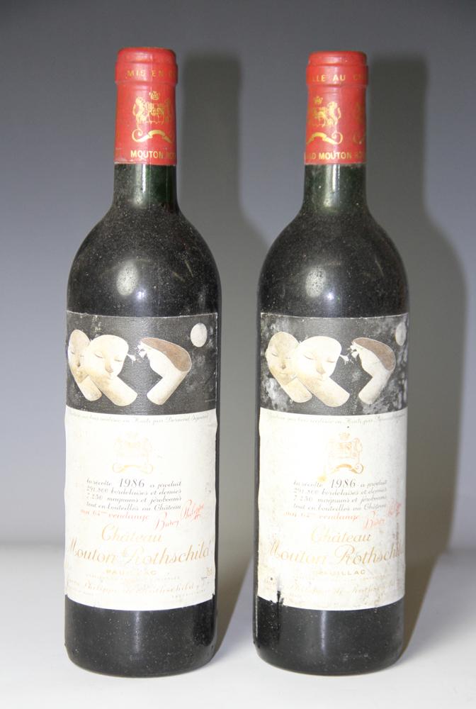 1986 Chateau Mouton Rothschild Pauillac: 1986 Chateau Mouton Rothschild Pauillac, 750ml, two (2) bottles total. Stored in climate-controlled wine cellar. Provenance: Pier 4 Anthony Athanas collection of vintage wines.