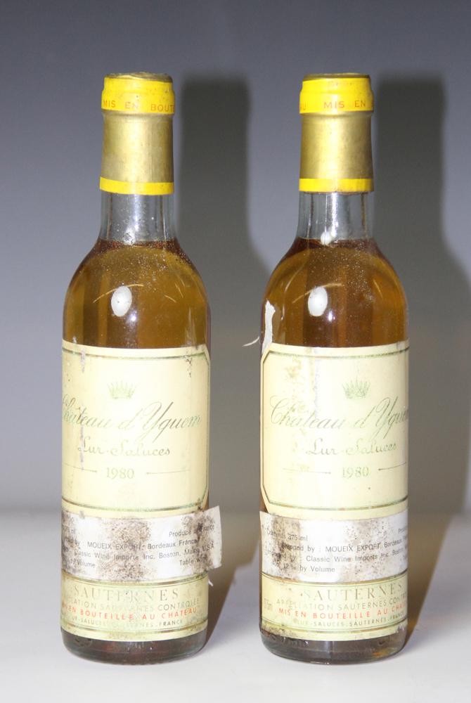 1980 Chateau d'Yquem Lur-Saluces Sauternes: 1980 Chateau d'Yquem Lur-Saluces Sauternes, 375ml, two (2) bottles total. Stored in climate-controlled wine cellar. Provenance: Pier 4 Anthony Athanas collection of vintage wines.