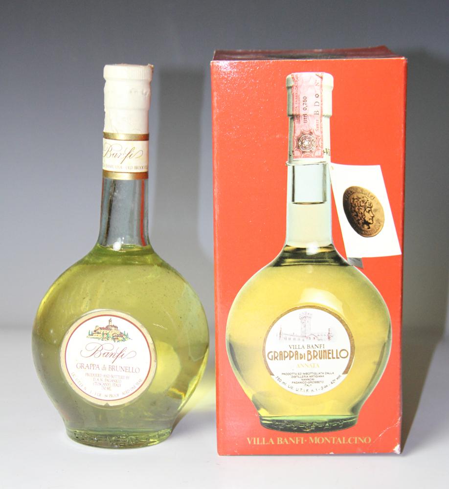 Villa Banfi Grappa di Brunello: Villa Banfi Grappa di Brunello, 750ml. Stored in climate-controlled wine cellar. Provenance: Pier 4 Anthony Athanas collection of vintage wines.