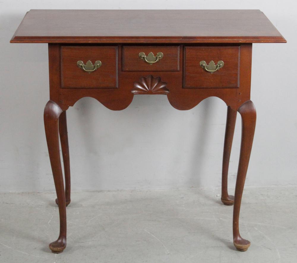 Cherry Queen Anne Lowboy: Cherry Queen Anne lowboy, carved fan, Elder Wheeler stamp and paper label. Provenance: Andover, Massachusetts.