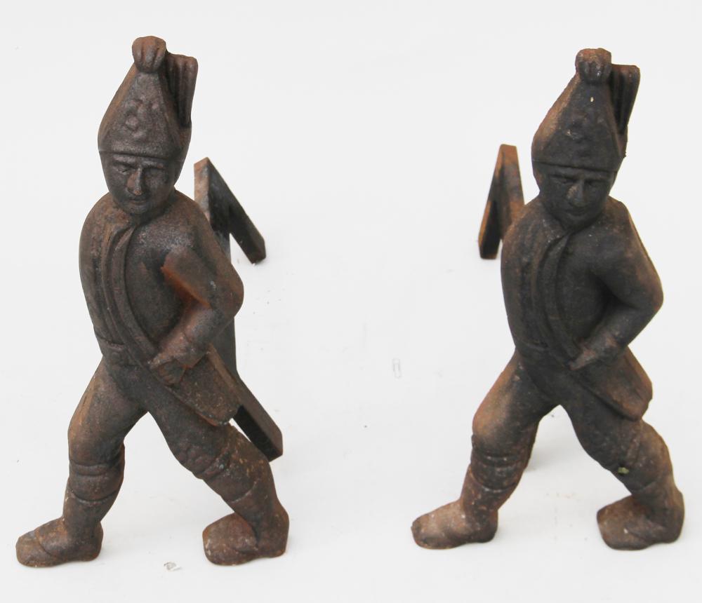 Pair of Iron Hessian Andirons: Pair of iron Hessian andirons. Provenance: Palm Beach, Florida estate.