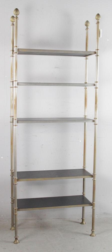 Empire-style Ã‰tagÃ¨re: Empire-style black leather covered etagere, having (5) shelves and ornate brass finials, 80" x 32" x 15". Provenance: Swampscott, Massachusetts.