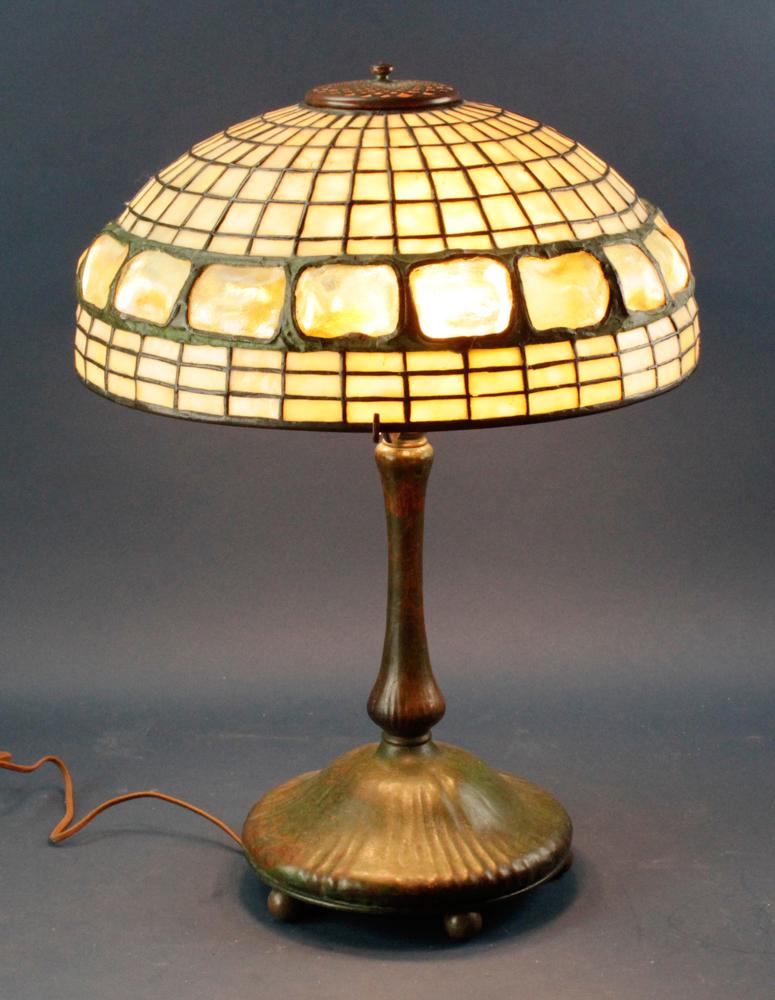 Tiffany Studios Lamp, Turtle Back Shade: Tiffany Studios lamp having turtle back shade, #6143, shade marked Tiffany Studios, New York, 22" H overall, shade 15 1/2" diameter . Good condition, approximately (5) total cracks. Provenance: Winthr