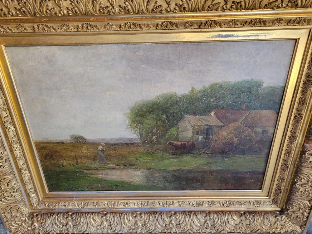 Charles Edwin Lewis Green, Farm Landscape: Charles Edwin Lewis Green (MA, 1844-1915), farm landscape with hay stack, farmer, cows, oil on canvas, signed L/R, 18" x 26", framed 30" x 38". Provenance: Andover, Massachusetts estate.