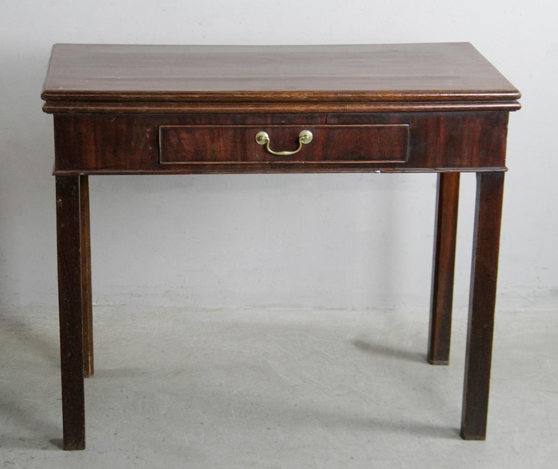 Late 19thC English Mahogany Games Table: Late 19th century English mahogany single-drawer games table. Distress to surface. Provenance: Estate of Colonel Howard C. "Scrappy" Johnson, USAF, and Mrs. Elena Johnson, Palm Beach Gardens, Florida.