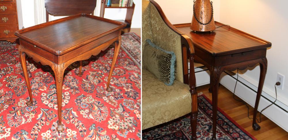 Pair of 18th/19th Century Tea Tables: Pair of late 18th/early 19th century tea tables with candle slides, carved knee, ball and claw foot, 27" H x 30 1/2" W x 18 1/4" D. Good condition. Provenance: Lifetime collection of Jayne Fraser Lynn