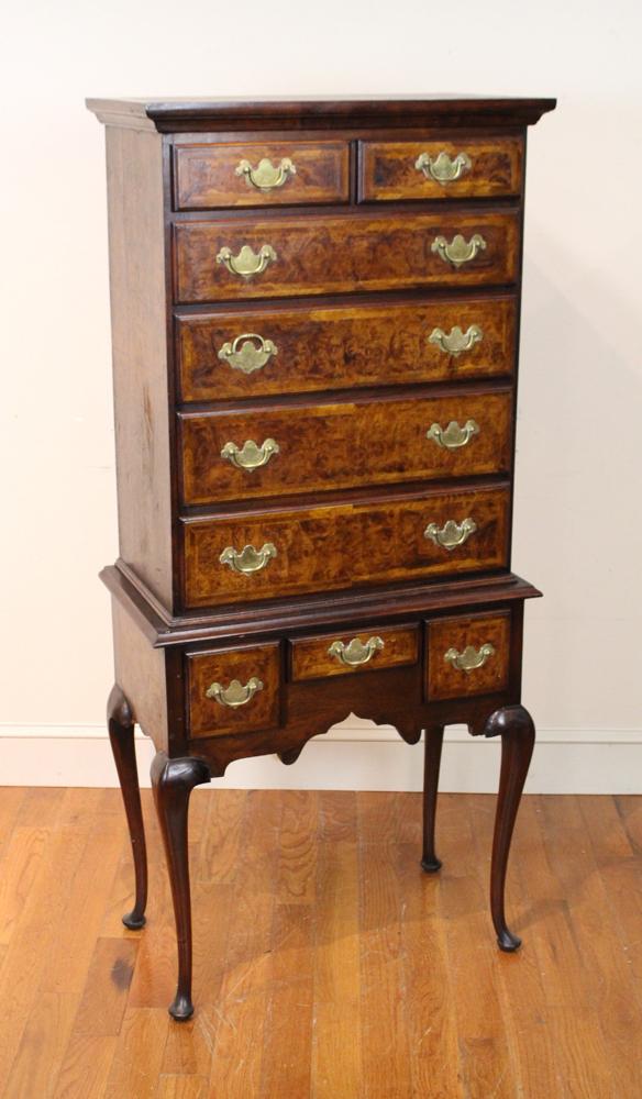 English Queen Anne Style Diminutive Highboy: English Queen Anne-style diminutive highboy having herringbone inlay, 60" H x 27" W x 15" D. Provenance: Providence, Rhode Island collection.