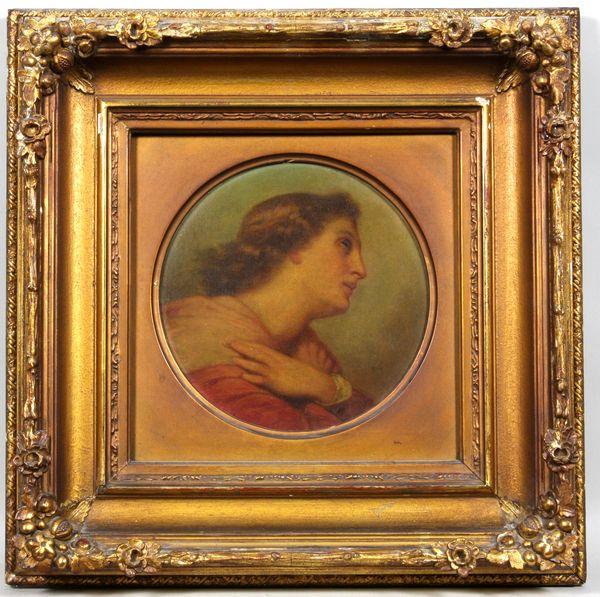 19th C. Portrait in Classical Manor: 19th Century Portrait in the Classical manor, Continental school, signed verso "Corbelle", in 19th Century gilt wood frame, 7 1/2" x 7 1/2" sight size, 15 1/4" x 15 1/4" frame size.