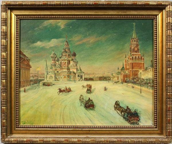 C. Stoiloff, Moscow Winter Scene, O/C: C. Stoiloff (Russian, 1950-1924), Moscow winter scene, oil on canvas, signed lower left, 13 1/2" x 17 1/4" sight size, 17 3/4" x 21 1/2" frame size.