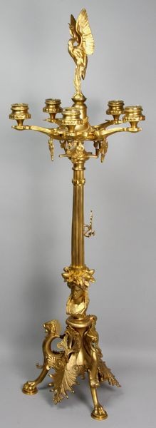 20th C. French Dore Bronze Candelabra: 20th Century French style dore bronze candelabra with phoenix finial and griffin feet, 36 1/2"h.