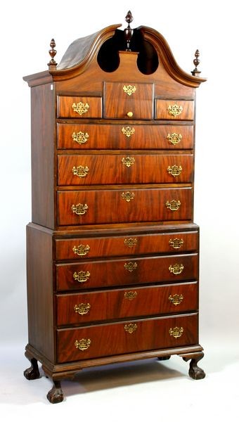 Antique Chippendale Chest on Chest: Antique Chippendale mahogany chest on chest with claw feet and fancy brass hardware, 88"h x 40"w x 18 1/2"d.