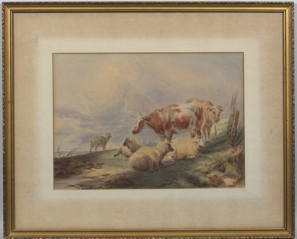 Eugene Verboee Khoren, Cows and Sheep, W/C : Eugene Verboee Khoven (Belgian), cows and sheep, watercolor, signed lower right, 10" x 14" sight size, 17 1/4" x 21 1/4" frame size. Good condition.