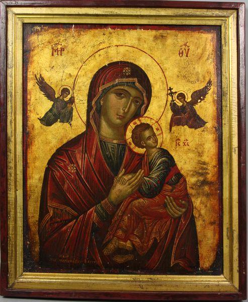 19th C. Russian Icon of Madonna and Child: 19th Century Russian icon of Madonna and child with two angles, inscribed on bottom, 14 1/2" x 12". Good condition.