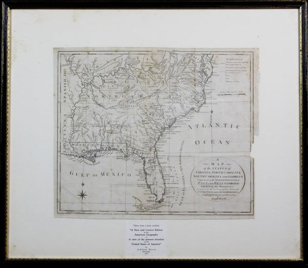 1795 Map of VA, NC, SC, & GA: 1795 Map of the states of Virginia, North Carolina, South Carolina & Georgia by Joseph Purcell & Book by Jedidiah Morse, 12 1/4" x 15". Good condition.