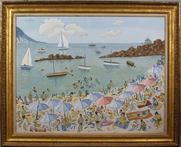 Francesco Carbone, Summer Day, O/C: Francesco Carbone (American, 20th Century), summer day at the beach, oil on canvas, signed upper left, 28" x 36", 34 1/2" x 42 1/2" frame size. Relined. Provenance: from the estate of John Felopulos,