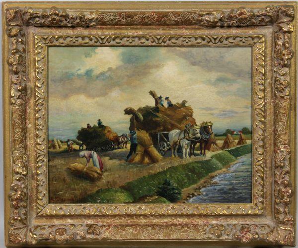 L. Moxzich, "Make Hay," O/C: L. Moxzich, "Make Hay," oil on canvas, signed lower left, 10" x 12 3/4" sight size, 15 1/2" x 18 1/2" frame size.