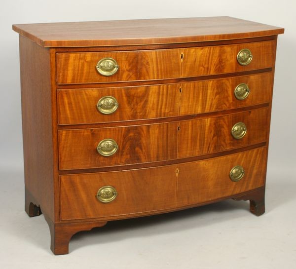 Early 19th C. Hepplewhite Chest: Early 19th Century Hepplewhite North Shore inlaid mahogany bow front chest, 32"h x 39 1/2"w x 19 1/2"d. Good condition.