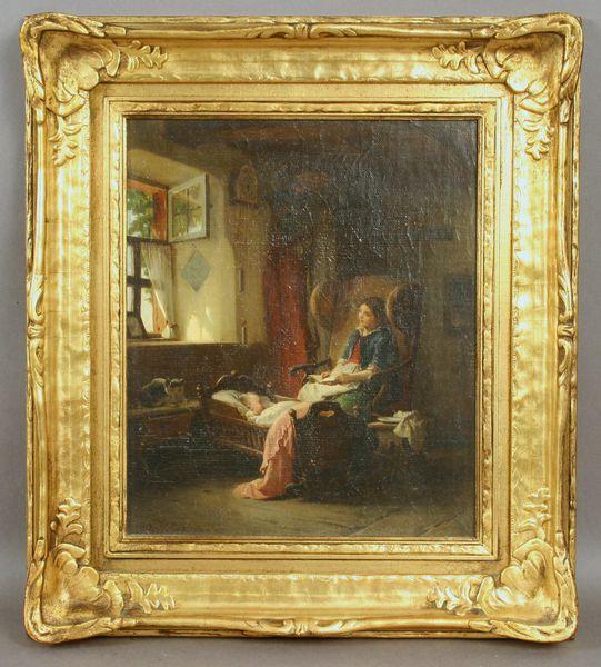 Continental School, "Mother, Child, and Cat in Re: 19th Century, Continental School, "Mother, Child, and Cat in Repose," oil on canvas, signed "L. Vollinar" lower left, 12" x 10", 17 1/2" x 15 1/2" frame size. Relined.