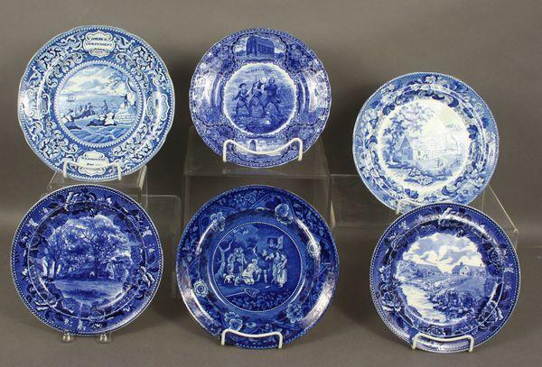 Six (6) 19th C. Flow Blue Plates: Six (6) 19th Century flow blue plates including the knighthood of Don Quixote, largest is 10"dia. Good condition.