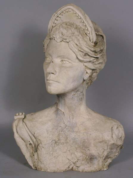 Antique Plaster Bust of a Woman Wearing Crown: Antique plaster bust of a woman wearing a crown, 29 1/2"h x 20 1/2"w x 13 1/2"d. Age cracks.