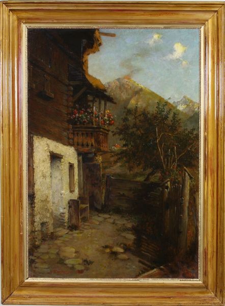 Provincial Scene with Volcano, O/C : Provincial scene with volcano, oil on canvas mounted on masonite, signed "Ferraris 1920" lower left, 47 1/2" x 34 3/4" frame size.