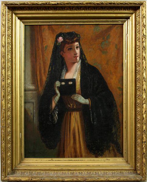 George Augustus Freezor, Lady in Black Veil, O/C: George Augustus Freezor (British, 1961-1879), lady in black veil, oil on canvas, signed lower left, in antique frame, 16" x 12" sight size, 20 1/2" x 16 1/2" frame size.