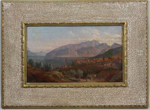 F.G. Waldmuller, View of Village, O/B: Ferdinand Georg Waldmuller (Austrian, 1793-1865), view of village and mountains, oil on panel, signed and dated 1833 lower left, 8 1/4" x 13 1/4" sight size, 15 3/4" x 21" frame size.