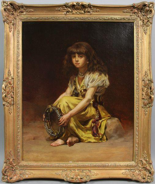 Harlamoff, Gypsy Girl, O/C: Late 19th/early 20th Century painting of a gypsy girl with tambourine, signed "Alexej Alexejewitsch Harlamoff" (Russian, 1842-1915), signed middle right, 15 1/2" x 12 1/2", 19 3/4" x 16 5/8" frame siz