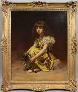 Harlamoff, Gypsy Girl, O/C: Late 19th/early 20th Century painting of a gypsy girl with tambourine, signed "Alexej Alexejewitsch Harlamoff" (Russian, 1842-1915), signed middle right, 15 1/2" x 12 1/2", 19 3/4" x 16 5/8" frame