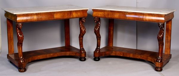 18th C. Southern Neapolitan Pier Tables: 18th Century Southern Neapolitan walnut and walnut veneer pier tables with Italian white Carrara marble tops and figured legs in the shape of mythological griffins having goat's feet, 37 1/2"h x 52 1/