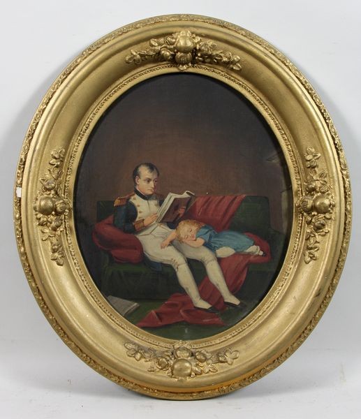 V. Vela, Napoleon, Oil on Tin : V. Vela, 19th Century, Napoleon reading to child, oil on tin, signed lower left, 17"h x 14 1/2"w.