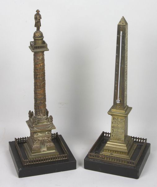 Two (2) 19th C. Grand Tour Bronzes: Two (2) 19th Century grand tour bronzes on slate bases, a monument and an obelisk/thermometer.