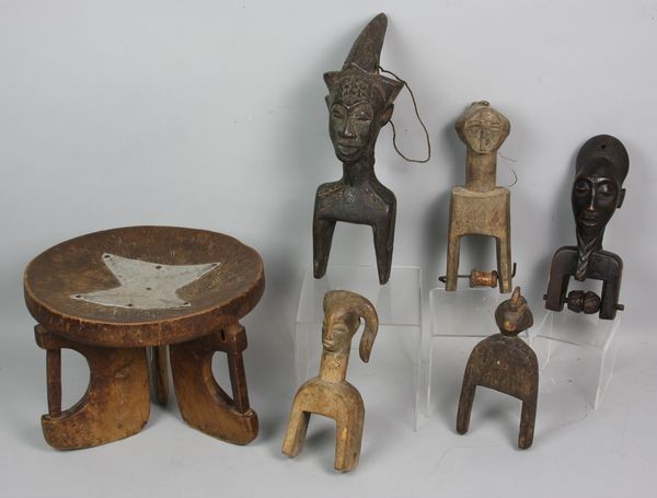 Five (5) African Heddles and Footstool: Lot of five (5) African wood heddles and footstool, footstool is 9"dia. Provenance: purchased in the 1960/70s.