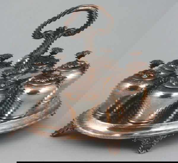 19th C. Persian Silver Spice Rack: 19th Century Persian silver spice rack from Shiraz, Iran, 6 1/2"h. x 7 1/4"w. x 5"d., tests silver, 21.4 troy oz. Good condition.