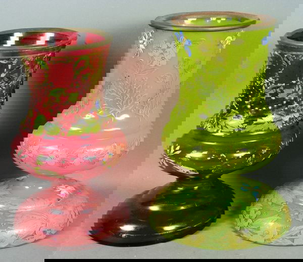 Group of Two (2) 19th C. Glass Vases: Group of two (2) 19th Century hand painted floral design glass vases made for the Persian market, 9 1/2"h. x 6 1/2"dia. (tallest). Some paint loss.