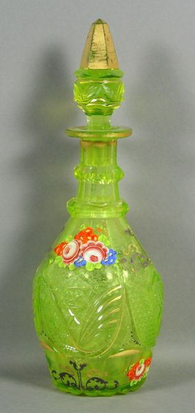 19th C. Bohemian Green Opaque Cut Glass Decanter: 19th Century Bohemian green opaque cut glass decanter having hand painted floral design, 14 3/8"h. x 5"dia. Minor paint loss, glass is sick and stained, gilt loss on stopper.