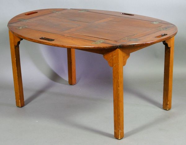 Mid 19th C. English Mahogany Tray Top Folding But: Mid 19th Century English mahogany tray top folding butler's table, 18 3/4"h. x 37 1/2"w. x 28 1/2"d. (unfolded), 23 1/4"h. x 31"w. x 21"d. (folded up). Some age wear to legs and top otherwise good con