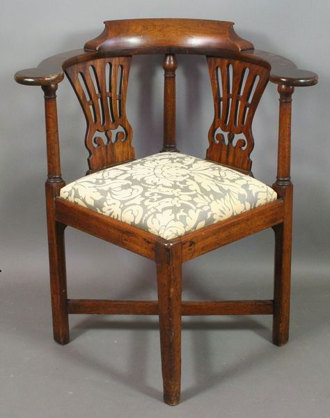 18th Century English Chippendale Corner Chair: 18th Century English Chippendale corner chair, newly upholstered, 32 1/2"h. x 29"w. x 26"d., height of seat 19"h. Good condition.