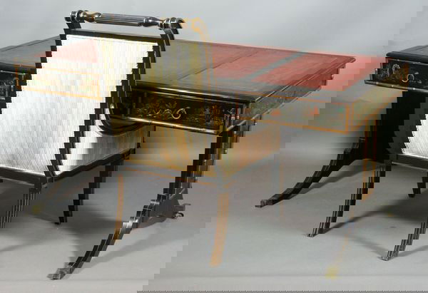 Early 20th C. Regency Style Desk and Chair: Early 20th Century Regency style desk having chinoiserie decoration throughout and red tooled leather top, labeled "John Widdicomb Co.", includes matching chair.