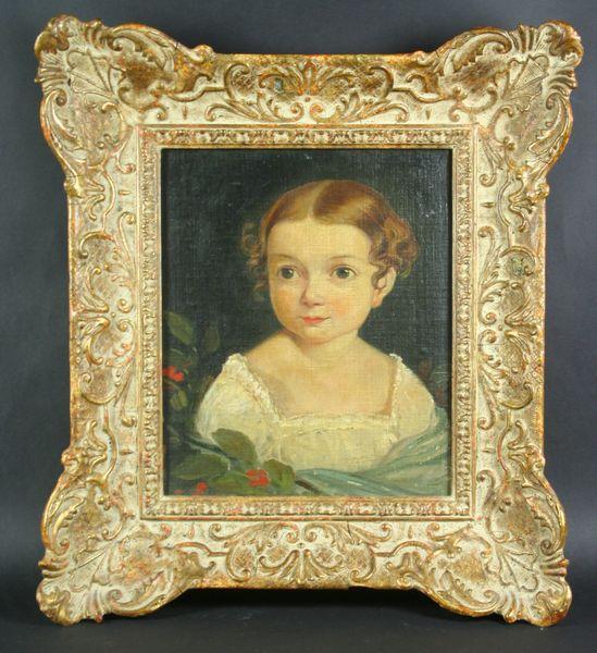 Primitive Portrait of a Young Girl, O/C: Primitive portrait of a young girl, o/c, unsigned, 11 5/8" x 9 5/8", 19" x 16 1/2" frame size. Provenance: Lars Laine Art Gallery, Desert Inn Gate, Palm Springs, CA.