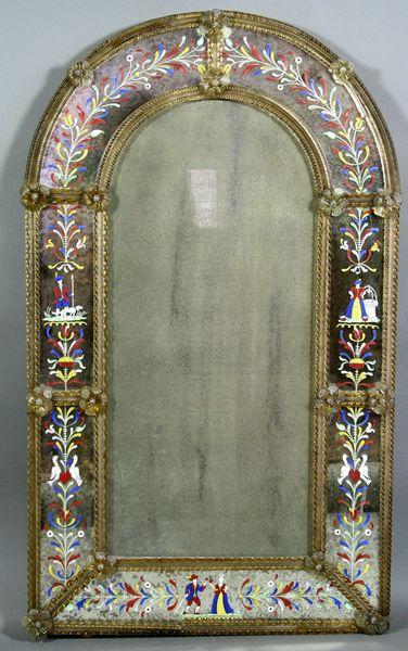 19th C. Venetian Hand Blown Glass Mirror: 19th Century Venetian hand blown glass mirror having hand painted design and floral rosettes, 37 1/2"h. x 22 1/2"w. A few floral rosettes are broken.